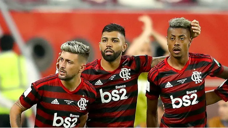 Arrascaeta, Gabigol e Bruno Henrique juntos no Flamengo. Foto: Francois Nel/Getty Images