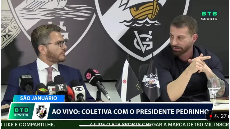 VP jurídico do Vasco e Pedrinho juntos agora em coletiva de imprensa. Foto: Reprodução/BTB Sports