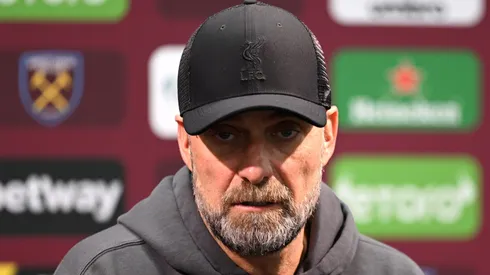 LONDON, ENGLAND - APRIL 27: Jurgen Klopp, Manager of Liverpool, speaks to the media in a post match press conference after the Premier League match between West Ham United and Liverpool FC at London Stadium on April 27, 2024 in London, England. (Photo by Justin Setterfield/Getty Images)