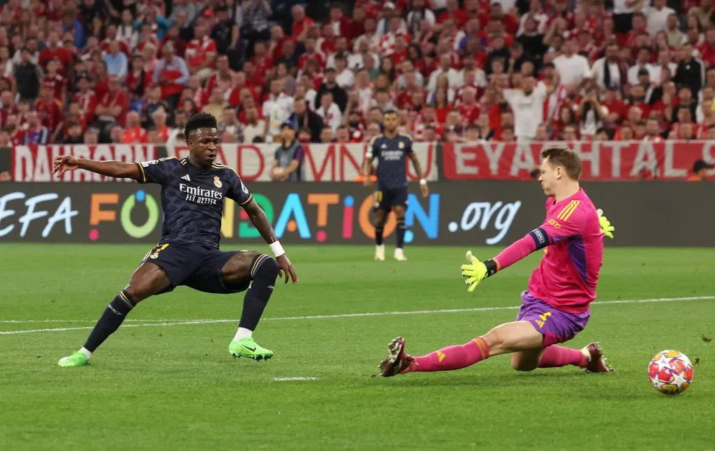 Vinicius Junior of Real Madrid first goal past Manuel Neuer of Bayern Munich (Photo by Alexander Hassenstein/Getty Images)