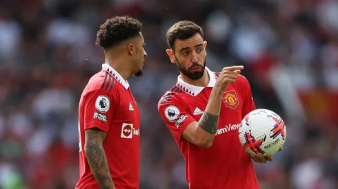 Sancho e Bruno Fernandes juntos no Manchester United. Foto: Matt McNulty/Getty Images