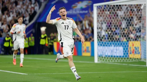 Wirtz comemora o gol que abriu o placar na partida entre Alemanha e Escócia. (HMB Media / Alamy Stock Photo) Scorer - Florian Wirtz (Germany, 17) Goal scored, celebrate the goal after 1:0, celebreting the goal, joy, jubilation, cheering, Credit: HMB Media/Heiko Becker/Alamy Live News