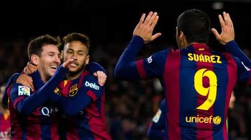 Messi, Neymar e Suárez na temporada 2014/15. Foto: Alex Caparros/Getty Images