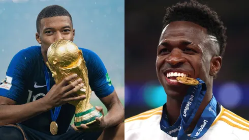 Mbappé e Vini Jr lado a lado. Foto Esq.: Matthias Hangst/Getty Images e Foto Dir.: Lars Baron/Getty Images