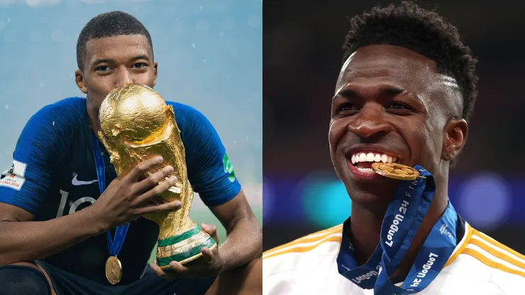 Mbappé e Vini Jr lado a lado. Foto Esq.: Matthias Hangst/Getty Images e Foto Dir.: Lars Baron/Getty Images