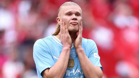 Erling Haaland of Manchester City . (Photo by Alex Pantling/Getty Images )