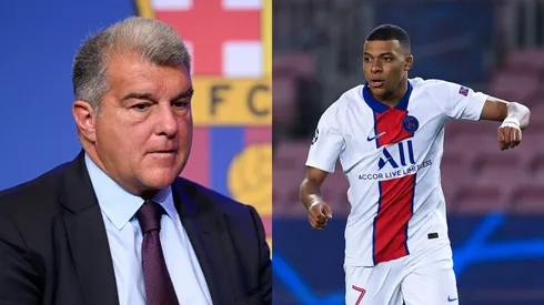Joan Laporta fala sobre contratação de Mbappé no Real Madrid. Foto Esq.: David Ramos/Getty Images e Foto Dir.: David Ramos/Getty Images
