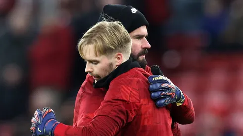 Alisson Becker of Liverpool and Caoimhin Kelleher. (Photo by Clive Brunskill/Getty Images)