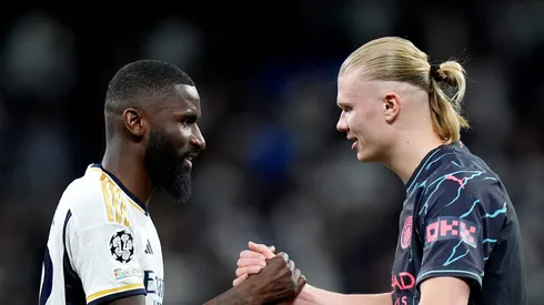 Rüdiger junto com Haaland em confronto do Real Madrid diante do Manchester City. Foto: Angel Martinez/Getty Images