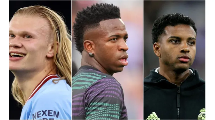 Foto: Catherine Ivill/Alex Caparros/Flor Tan Jun/Getty Images - Haaland, Vinícius Junior e Rodrygo