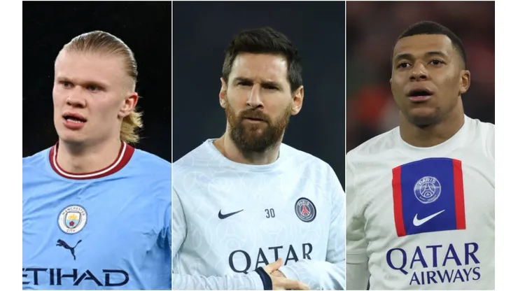 Foto: Alex Grimm/Michael Regan/Getty Images - Messi, Mbappe e Haaland