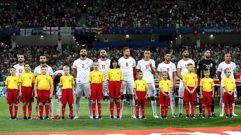 VOLGOGRAD, RUSSIA - JUNE 18: The Tunisia team pose for a team photo prior to the 2018 FIFA World Cup Russia group G match between Tunisia and England at Volgograd Arena on June 18, 2018 in Volgograd, Russia. (Photo by Clive Rose/Getty Images)
