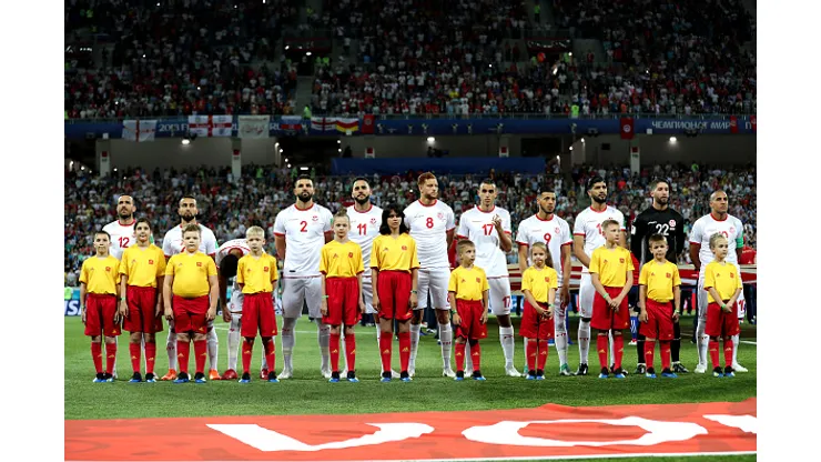 VOLGOGRAD, RUSSIA - JUNE 18: The Tunisia team pose for a team photo prior to the 2018 FIFA World Cup Russia group G match between Tunisia and England at Volgograd Arena on June 18, 2018 in Volgograd, Russia. (Photo by Clive Rose/Getty Images)