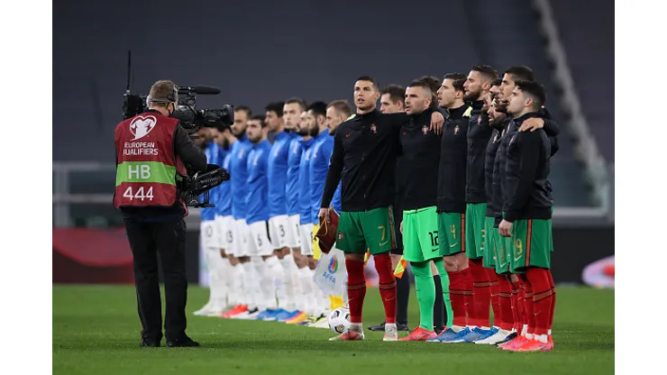 TURIN, ITALY - MARCH 24: The steadycam tv camera passes by as Cristiano Ronaldo of Portugal sings the national anthem along with team mates during the FIFA World Cup 2022 Qatar qualifying match between Portugal and Azerbaijan at Allianz Stadium on March 24, 2021 in Turin, Italy. (Photo by Jonathan Moscrop/Getty Images)