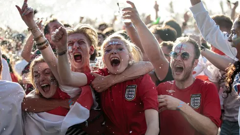 Football Fans Gather To Watch England Play Croatia For A Place In The World Cup Final