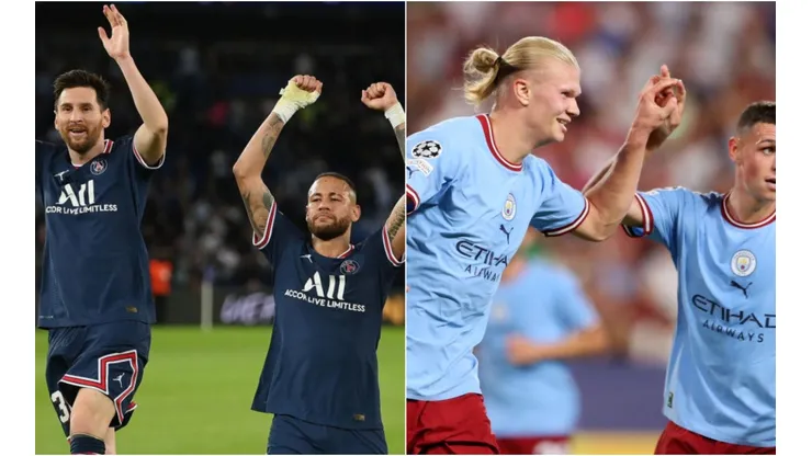 Matthias Hangst/Getty Images; Fran Santiago/Getty Images - Equipe do PSG e Manchester City