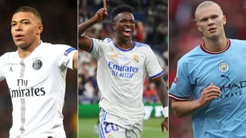 Michael Regan/Getty Images; Shaun Botterill/Getty Images; Fran Santiago/Getty Images); - Mbappe, Vinicius Junior e Haaland