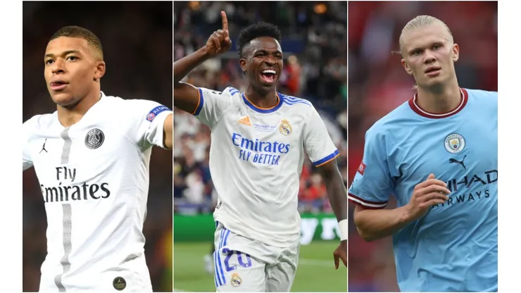 Michael Regan/Getty Images; Shaun Botterill/Getty Images; Fran Santiago/Getty Images); - Mbappe, Vinicius Junior e Haaland