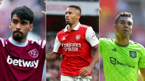 Mike Hewitt/Getty Images; Marc Atkins/Getty Images; Catherine Ivill/Getty Images – Casemiro, Paquetá e Gabriel Jesus