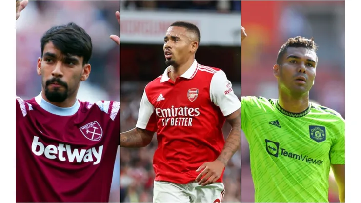 Mike Hewitt/Getty Images; Marc Atkins/Getty Images; Catherine Ivill/Getty Images - Casemiro, Paquetá e Gabriel Jesus