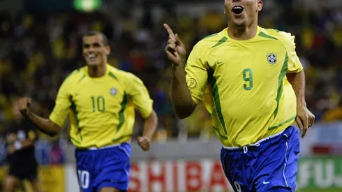 Ronaldo of Brazil celebrates scoring the winning goal