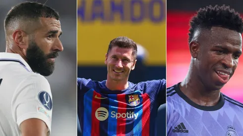 Eric Alonso/Getty Images; Alex Grimm/Getty Images; Fran Santiago/Getty Images - Lewandowski, Benzema e Vinicius Junior