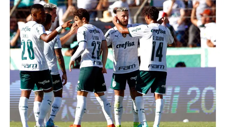 Jogadores do Palmeiras comemoram gol em Novo Horizonte (Foto: Thiago Calil/AGIF)