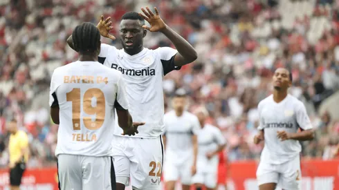 Boniface comemora gol do Leverkusen. Foto: Christof Koepsel/Getty Images
