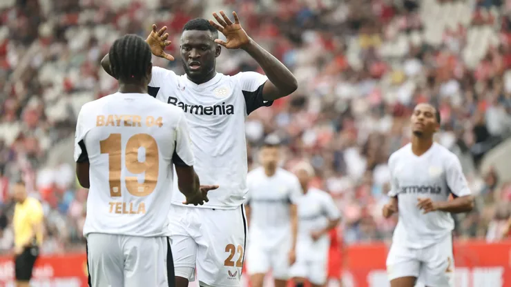 Boniface comemora gol do Leverkusen. Foto: Christof Koepsel/Getty Images