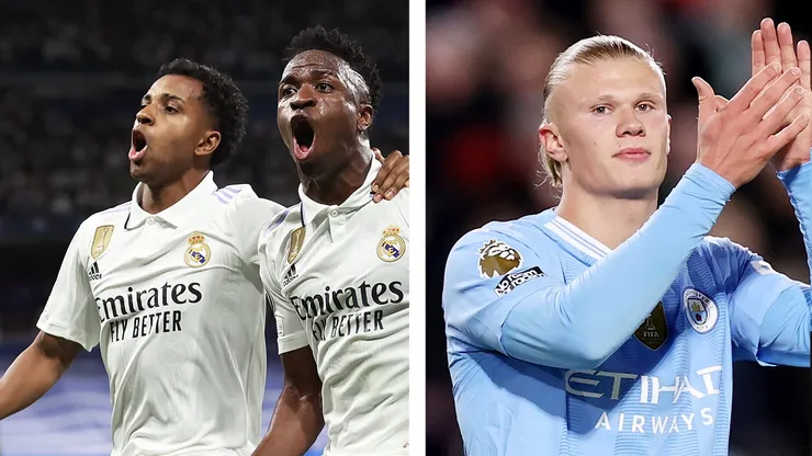 Manchester City quer tirar brasileiro do Real Madrid e aceita enviar Haaland em troca. Foto Rodrygo e Vinicius Júnior: Julian Finney/Getty Images / Foto Haaland: Ryan Pierse/Getty Images.