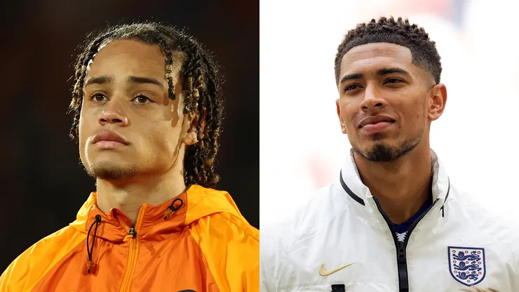 Xavi Simons, da Holanda (Photo by Dean Mouhtaropoulos/Getty Images) e Bellingham, da Inglaterra (Photo by Alex Livesey/Getty Images)
