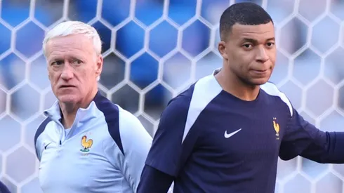 Deschamps, treinador da França e Mbappé, durante o treino desta segunda (8). (Photo by Alex Grimm/Getty Images)