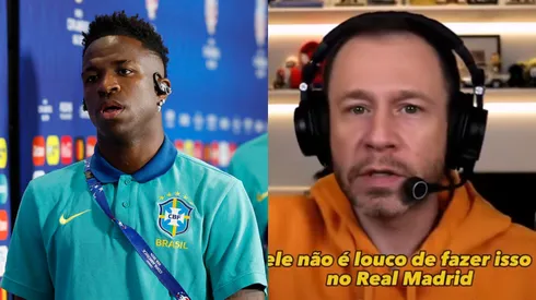 Vini Jr e Tiago Leifert já trocaram farpas nas redes sociais. Foto Esq.: Rafael Ribeiro/CBF e Foto Dir.: Reprodução YouTube