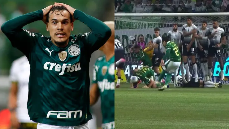 Fabinho desvia cobrança de Raphael Veiga e deixa todo mundo surpreso. Foto Esq.: Miguel Schincariol/Getty Images e Foto Dir.: Reprodução Premiere