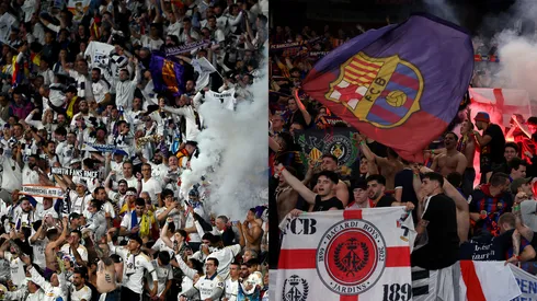 Torcida do Real Madrid (Photo by Dan Mullan/Getty Images) e torcida do Barcelona (Photo by Alex Pantling/Getty Images)