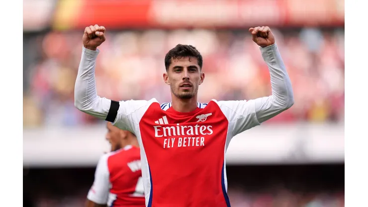 Kai Havertz na comemoração de seu gol na partida entre West Ham e Arsenal, pela Premier League, no dia 17 de agosto de 2024. (PA Images / Alamy Stock Photo)