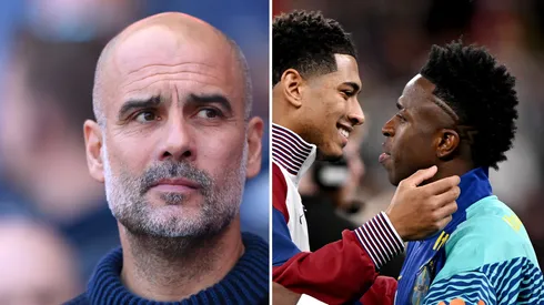 Guardiola, do Manchester City, pode ser o novo treinador de Bellingham ou Vinicius Júnior. Fotos: Justin Setterfield e Mike Hewitt/Getty Imagens