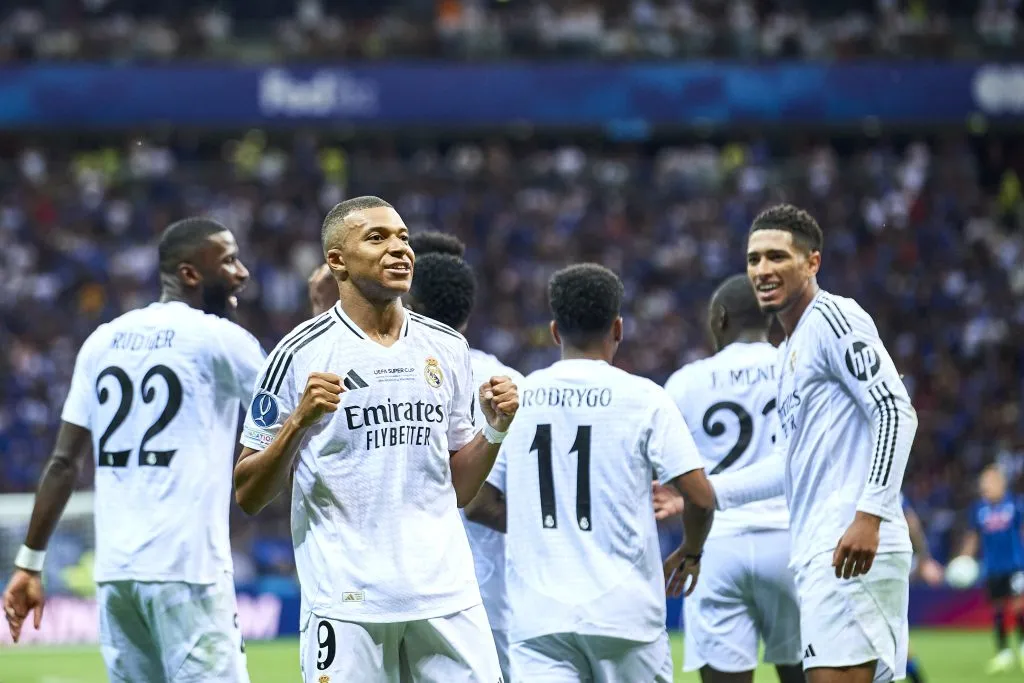 Mbappé comemora o seu primeiro gol com a camisa do Real Madrid. Foto: Getty Images/&nbsp;Adam Nurkiewicz