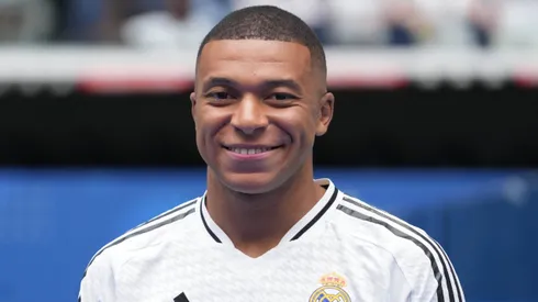 Kylian Mbappé em sua apresentação pelo Real Madrid.