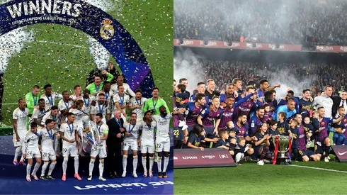 real madrid (Photo by Ryan Pierse/Getty Images) e barcelona (Photo by David Ramos/Getty Images)