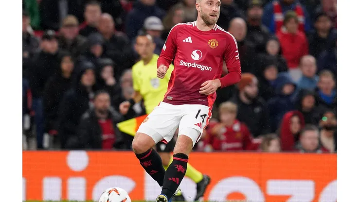 Eriksen em campo durante a partida entre Manchester United e Twente, no dia 25 de setembro de 2024, pela Liga Europa. (Sportimage Ltd / Alamy Stock Photo)