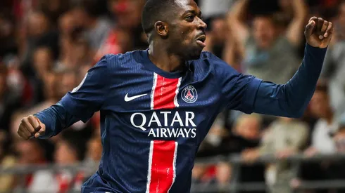 Dembelé comemora seu gol na partida entre Reims e PSG pelo Campeonato Francês, no dia 21 de setembro de 2024. (Independent Photo Agency / Alamy Stock Photo)
