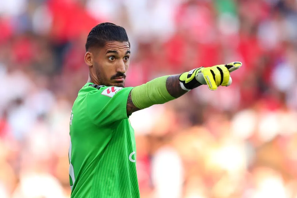 SEVILLE, SPAIN – SEPTEMBER 17: Alvaro Valles of Las Palmas gestures during the LaLiga EA Sports match between Sevilla FC and UD Las Palmas at Estadio Ramon Sanchez Pizjuan on September 17, 2023 in Seville, Spain. (Photo by Fran Santiago/Getty Images)