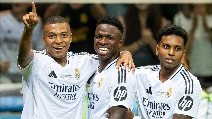 Trio de ataque do Real Madrid formado por Vinicius Junior, Kylian Mbappé e Rodrygo atinge feito em tempo duas vezes mais rápido em comparação ao icônico trio BBC. (Foto: IMAGO / ZUMA Press Wire)