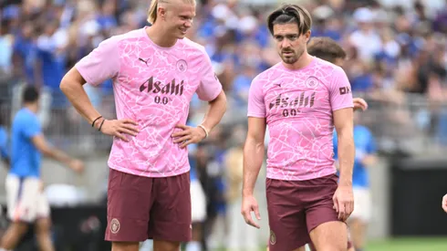 August 3, 2024: Manchester City forward Erling HoÂland 9 and Manchester City midfielder Jack Grealish 10 before playing against Chelsea in their match in Columbus, Ohio. /Cal Media Columbus USA - ZUMAc04_ 20240803_zma_c04_314 Copyright: xBrentxClarkx