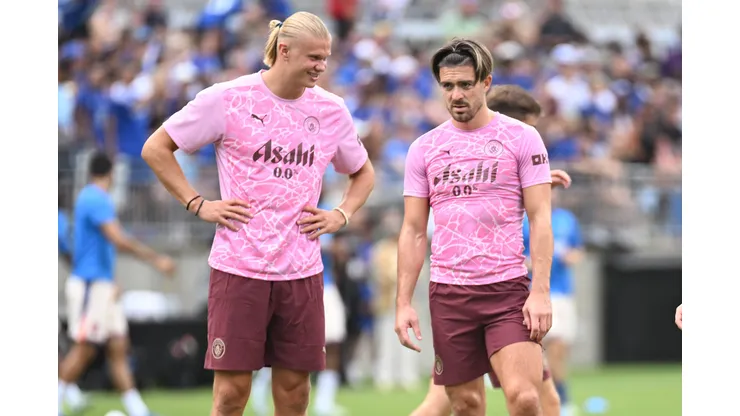 August 3, 2024: Manchester City forward Erling HoÂland 9 and Manchester City midfielder Jack Grealish 10 before playing against Chelsea in their match in Columbus, Ohio. /Cal Media Columbus USA - ZUMAc04_ 20240803_zma_c04_314 Copyright: xBrentxClarkx