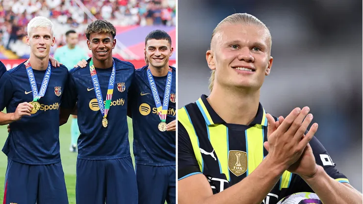 Titular absoluto do Barcelona revela desejo de jogar ao lado de Haaland, do Man City. Fotos: Eric Alonso e Justin Setterfield/Getty Imagens