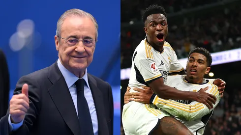 Florentino Pérez, presidente do Real Madrid (Photo by David Ramos/Getty Images) e Bellingham com Vini Jr (Photo by Florencia Tan Jun/Getty Images)