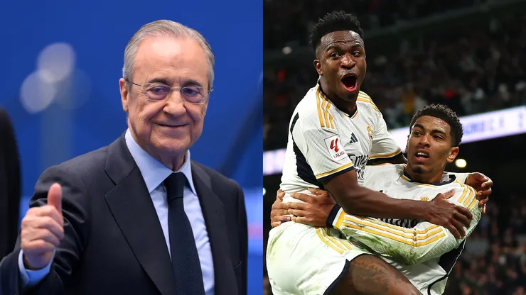 Florentino Pérez, presidente do Real Madrid (Photo by David Ramos/Getty Images) e Bellingham com Vini Jr (Photo by Florencia Tan Jun/Getty Images)