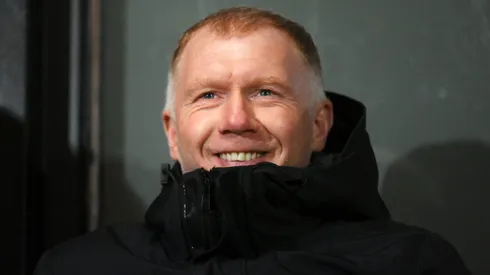 SALFORD, ENGLAND – NOVEMBER 14: Paul Scholes, Co-Owner of Salford City, looks on ahead of the Emirates FA Cup First Round Replay match between Salford City and Peterborough United at Peninsula Stadium on November 14, 2023 in Salford, England. (Photo by Ben Roberts Photo/Getty Images)